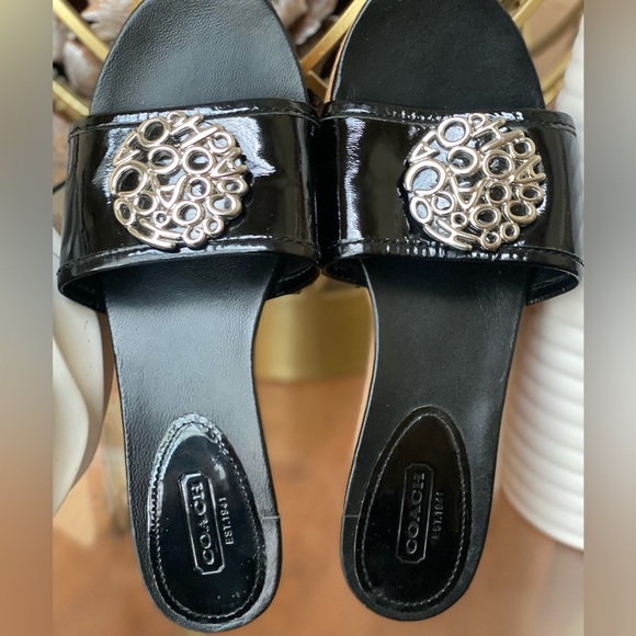 Coach JUDITH NWOT 🚨Black Patent Leather Cork Wedge Platform Slides Size 7 - Picture 14 of 15